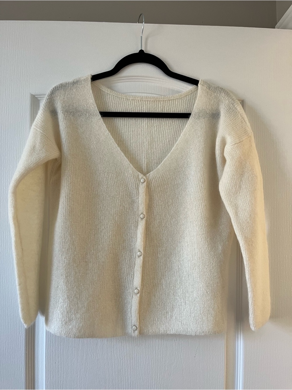 Sezane Barry Cardigan in Ecru V-Neck Mohair & Alpaca